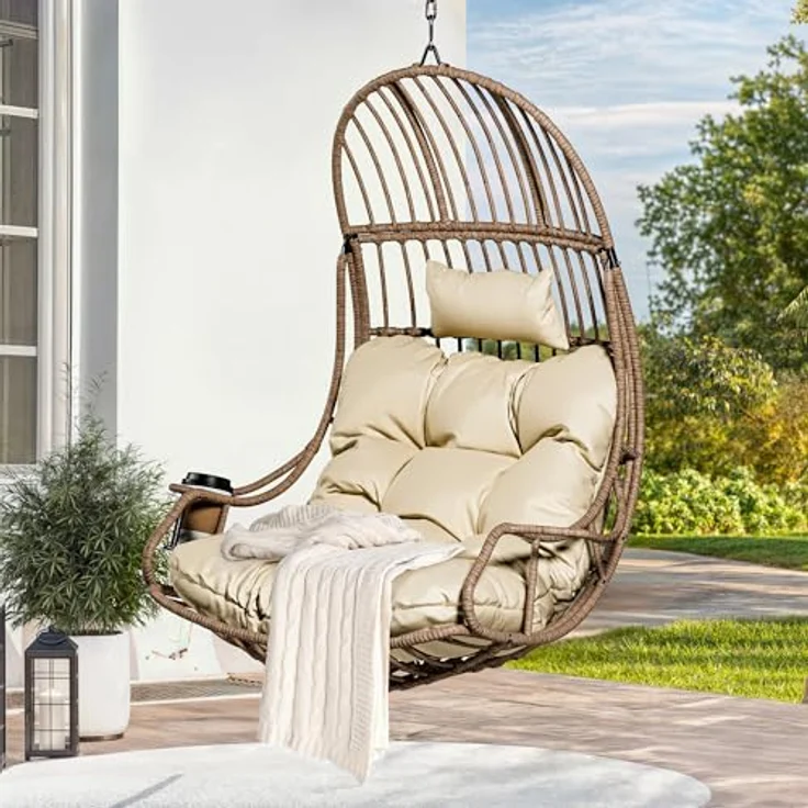 YITAHOME Rattan Hängesessel 150kg, mit Kissen & Getränkehalter, Beige – Bild 1