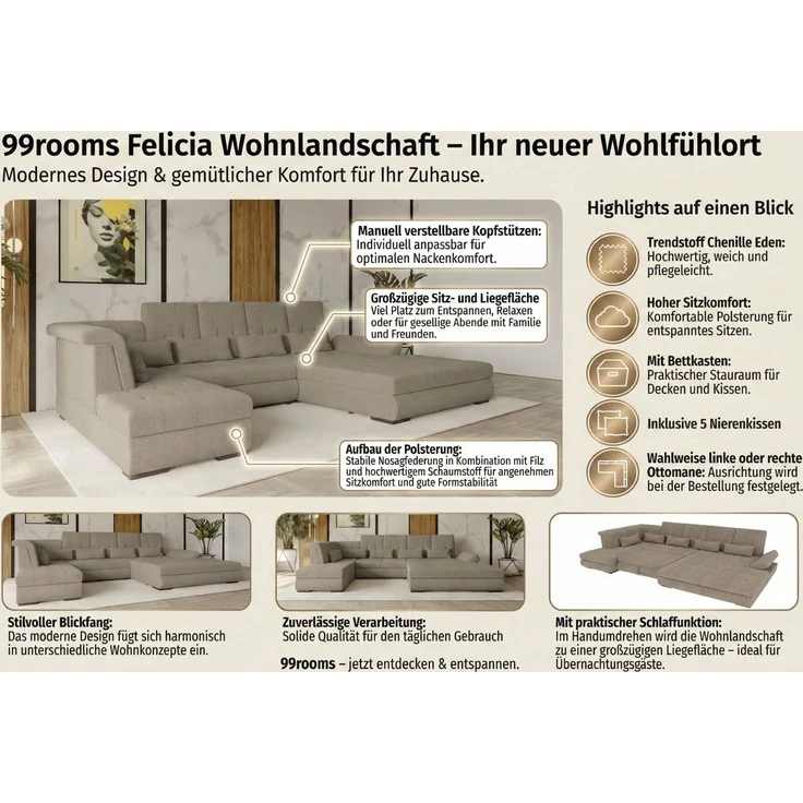 99rooms Felicia Wohnlandschaft Chenille EDEN Anthrazit Rechts – Bild 2