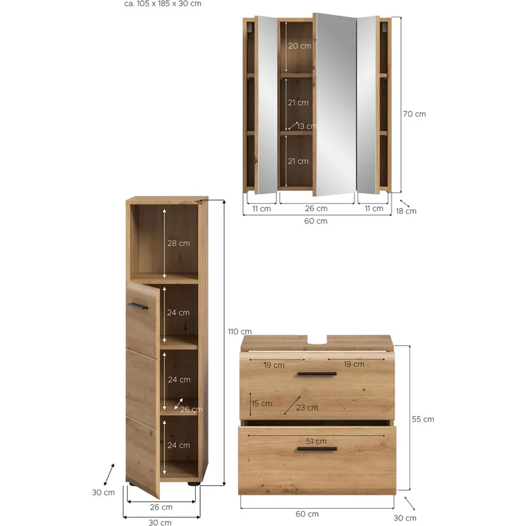 Badkombination (B/H/T: 105x185x30 cm) in Artisan Oak Nachbildung und Artisan Oak Nachbildung – Bild 4