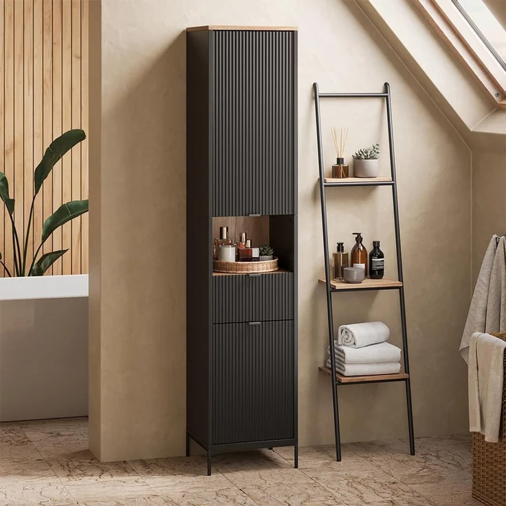 Vicco Hochschrank Eliza, Schwarz/Viking Oak, 40 x 190 cm mit 2 Türen und 1 Schublade (1-St) – Bild 2