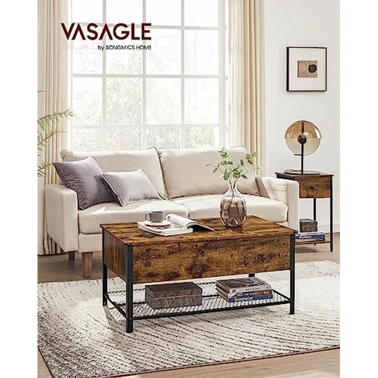 Couchtisch, Wohnzimmertisch mit Klappplatte, verstecktem Stauraum und Gitterregal, Stahlrahmen, für Wohnzimmer – Bild 2