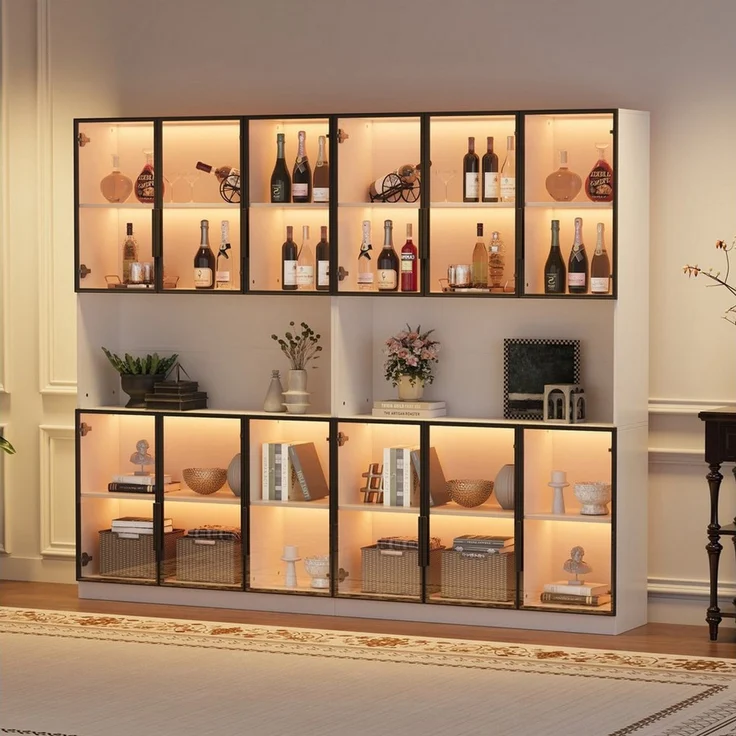 OKWISH Vitrine Regal 240x200x34 cm mit LED-Beleuchtung & 12 Glastüren – weiß (Packung, 2-St, Elegante Aufbewahrungslösung mit Soft-Close Scharnieren) Perfekt für Ihre wertvollen Stücke. – Bild 2