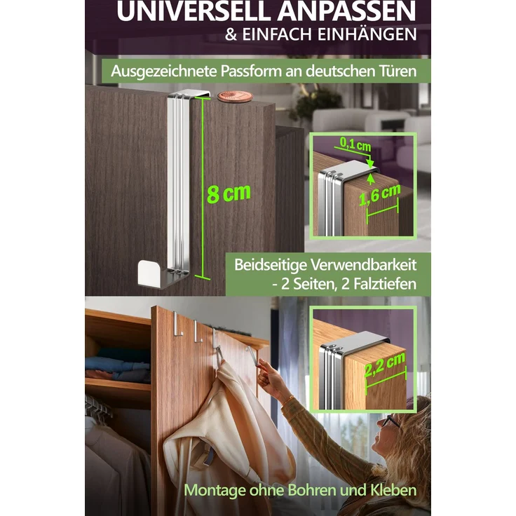 Aurelia Home Türhaken zum Einhängen, 10er-Set, Silber – ohne Bohren, bis 8 kg – Bild 4