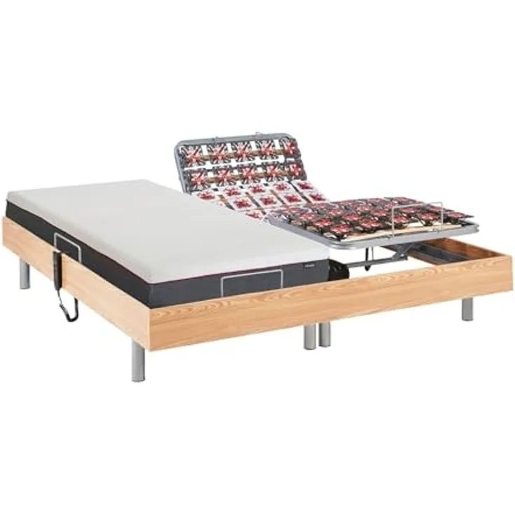 Relaxbett elektrisch - Matratzen mit Memory Schaum - ATRIDE von DREAMEA - mit OKIN-Motor - Holzfarben natürlich - 2 x 90 x 200 cm