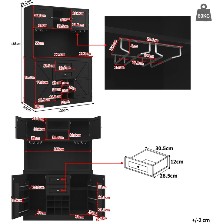 Küchenschrank mit verstellbaren Ablagen & Weinregal, Hochschrank Küchenbuffet mit 4 Türen & 2 Schubladen, Sideboard für Küche & Wohnzimmer, Buffetschrank, Schwarz--Schwarz--120x40x188cm--YOUDENOVA – Bild 7