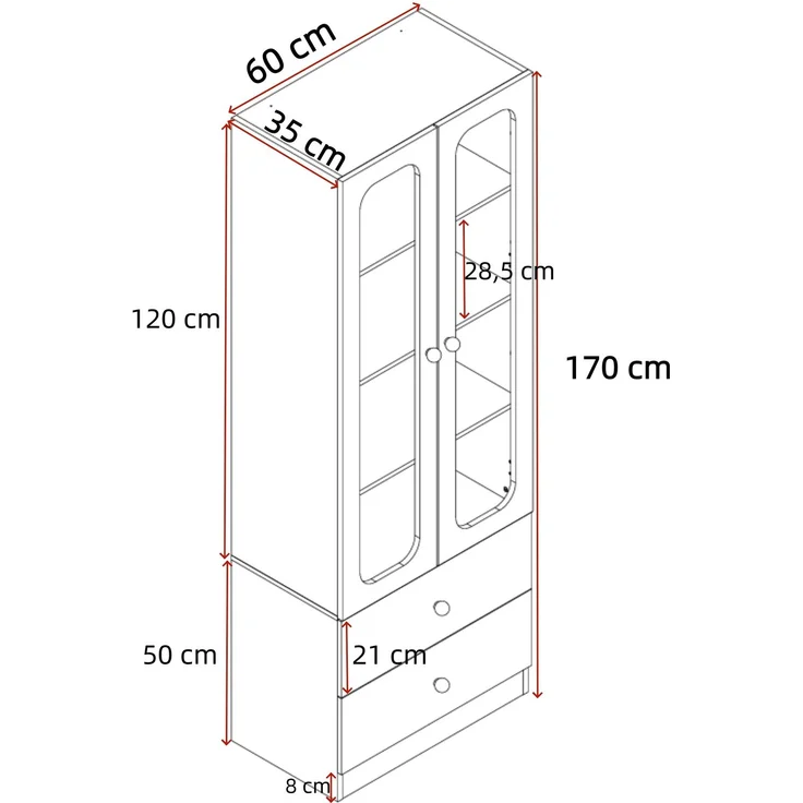 Vitrine 60x35x170 cm in Weiß mit Glastüren, LED-App-Steuerung und 2 Schubladen – Bild 6