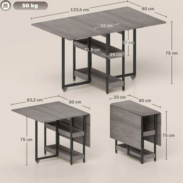 HOMCOM Klapptisch Esstisch Klappbar für 2-4 Personen mit 2 Offenen Ablagen (Küchentisch, 1-St, Mobiler Esszimmertisch), für Kleine Räume, Esszimmer, Küche 133,4 x 80 x 74 cm Grau – Bild 2