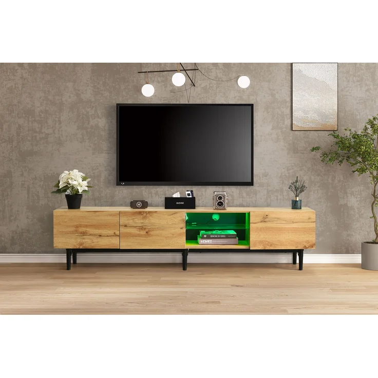Moderner TV-Schrank aus MDF mit Holzmaserung, 175 x 31 x 41 cm, variable LED-Leuchten in 7 Farben, 175x31x41cm, Helle Eiche – Bild 3