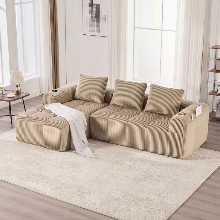 LVHOM Ecksofa 3 sitzer, Bodensofa mit Seitentaschen und Getränkehalter, Polstersofa aus Cordstoff, frei Kombination, Modulares Chaiselongue-Sofa-Set, 253x158x61 cm