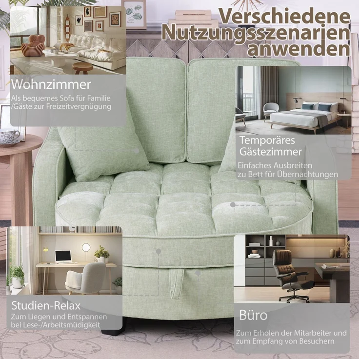 Multifunktionales Sofa, 2-in-5 Sofa-Bett mit Aufbewahrungs-Hocker atmungsaktiver Stoff für kleine Räume, Stoff und Eukalyptusholz, Black, – Bild 6