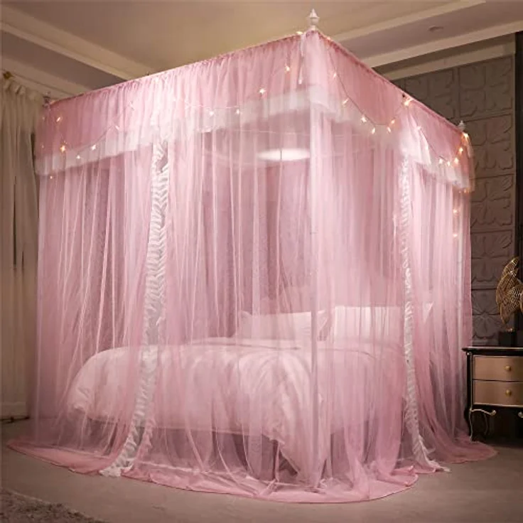 VETHIN 4 Ecken Pfosten Rüschen Prinzessin Bett Baldachin Vorhang, 4 Öffnungen Moskitonetz für Mädchen Erwachsene Schlafzimmer Dekoration (Rosa/Weiß, 162.6 cm Bx208.3 cm Lx208.3 cm H) Queen – Bild 5