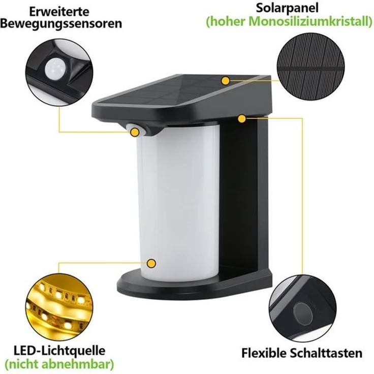 Nettlife LED Außen-Wandleuchte mit Bewegungsmelder Solarleuchte Garten 2 Modi Aussenleuchte 3000K, mit Bewegungsmelder, LED fest integriert, Warmweiß, Aussenlampe für Hof Stufen Haustür Flur – Bild 4