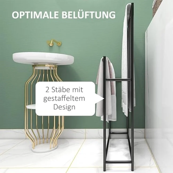 HOMCOM Handtuchhalter Wandmontage, aus Metall, 2-stöckiges Turmregal, für Badezimmer, Schwarz – Bild 3