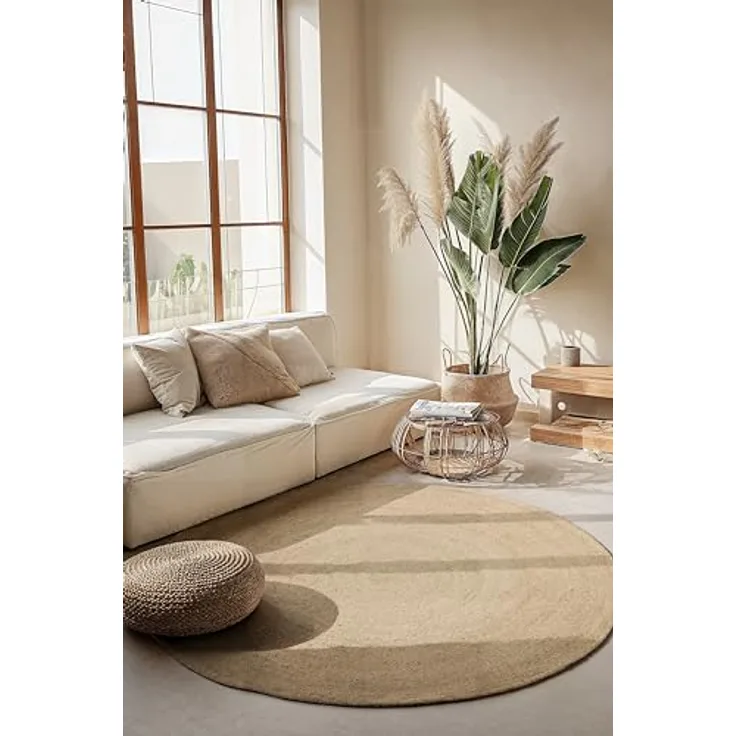 XXXL Juteteppich Jute Braided, Rund, Champagner, Ø 100 cm, Oeko-Tex® Standard 100, Beidseitig verwendbar, Pflegeleicht, Für Fußbodenheizung geeignet