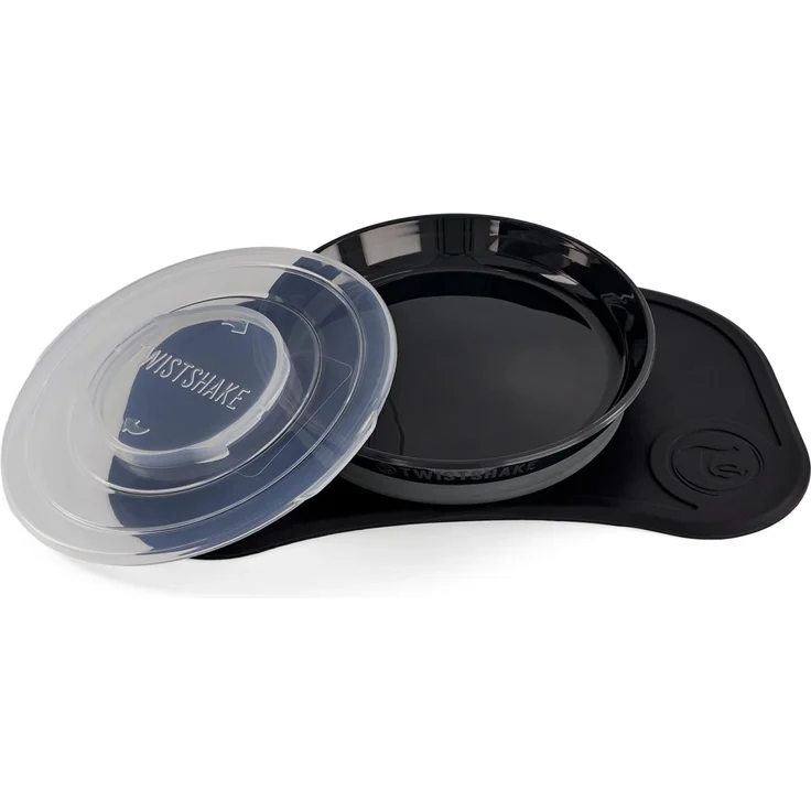 Twistshake Click-Mat Mini + Platte | Anti-Rutsch-Geschirrset für Babys | Babyteller + Baby-Tischset (31x17) | BPA-freier Baby-Entwöhnungsteller | Essenstrainingsplatte für Kinder ab 6m+ | Schwarz