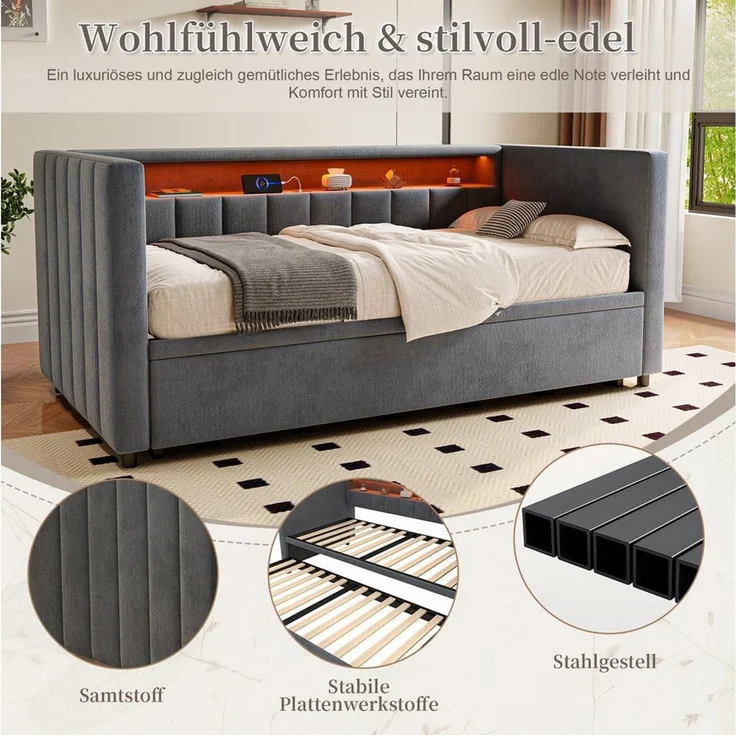 Celya Schlafsofa Multifunktionales mit ausziehbarem Bett, ohne Matratze mit USB-Type-C-Anschluss, LED-Ambiente und Stauraum, für Wohnzimmer, Gästezimmer oder Jugendzimmer – Bild 4