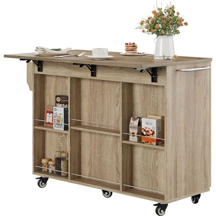 ZUBALIYA Küchenwagen 120 cm Arbeitsplatte – klappbare Arbeitsplatte, Schublade und 2 Schränke, 5 Rollen, 2 mit Bremse, Gewürzregal und Handtuchhalter, MDF, Sonoma-Eiche-Optik – Bild 5