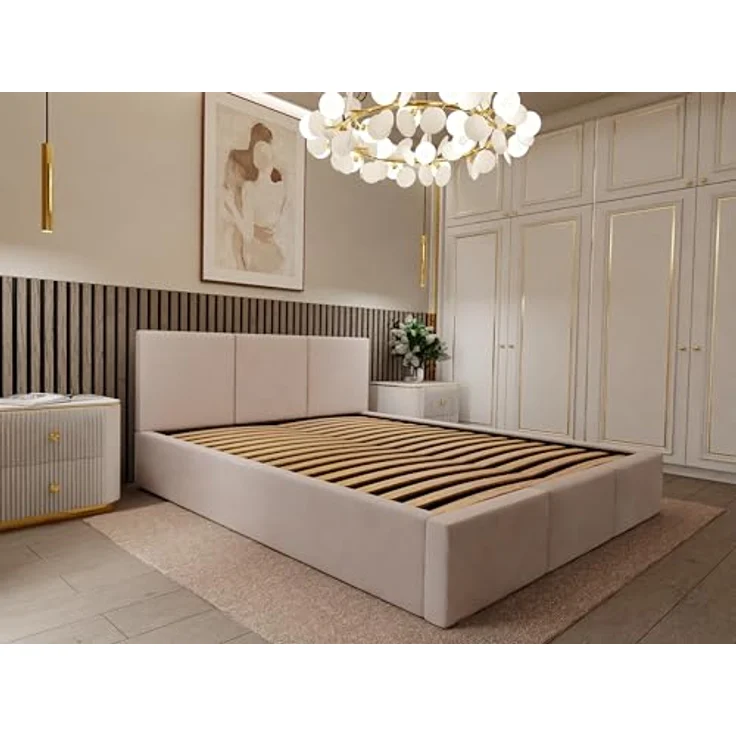 Muralo Polsterbett mit Bettkasten und Kopfteil, Metallgestell, Creme, 120x200 cm, ohne Matratze – Bild 5