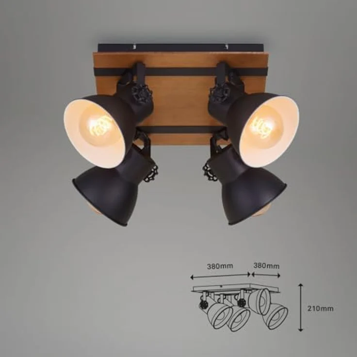 Briloner Leuchten Deckenlampe retro mit Holzbalken, 4-flammige Deckenleuchte vintage, E27 Fassung max. 40 Watt, verstellbare Lampenschirme, rustikaler Deckenspot, Schwarz-Weiß-Holz, 1 Stück (1er Pack) – Bild 6