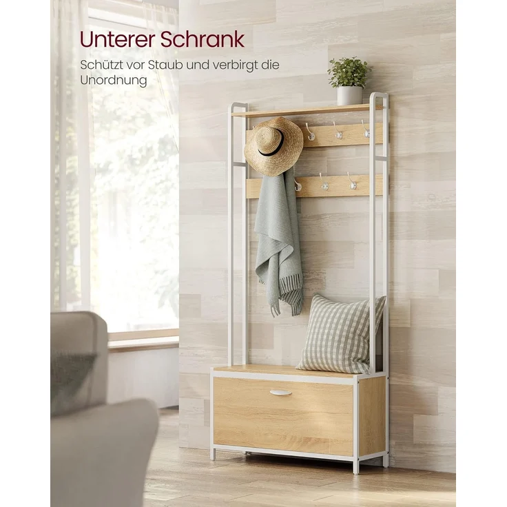 Vasagle Garderobenständer mit Schuhschrank, Garderobe mit Sitzbank, Kleiderständer, Schuhkipper, 9 Haken, obere Ablage, für Flur, Schlafzimmer, modernes Design, eichenfarben-weiß von Songmics RSH405W09 – Bild 2