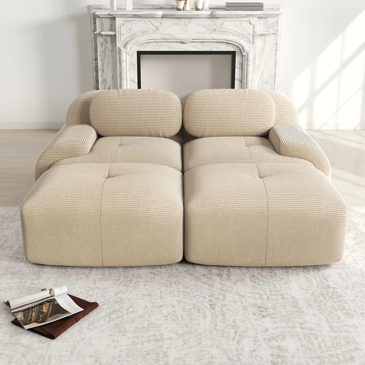 Rayofly-2-Sitzer Cordsofa, rahmenlos, modular mit Chaiselongue kombinierbar, rutschfest, ergonomische Armlehnen, hochelastische Polsterung, Beige, H 70cm x T 208cm x B 178cm