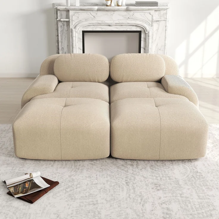 Rayofly-2-Sitzer Cordsofa, rahmenlos, modular mit Chaiselongue kombinierbar, rutschfest, ergonomische Armlehnen, hochelastische Polsterung, Beige, H 70cm x T 208cm x B 178cm – Bild 1
