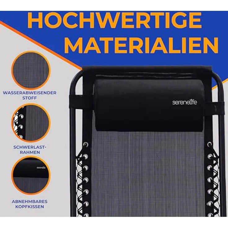 SereneLife Sonnenliege Wetterfest, Gartenliege Wetterfest zum Liegen, Loungesessel Verstellbar für Balkon, Garten, Terrasse & Camping mit Tisch, Kopfkissen & Getränkehalter, Deckchair, Gartenstuhl – Bild 7