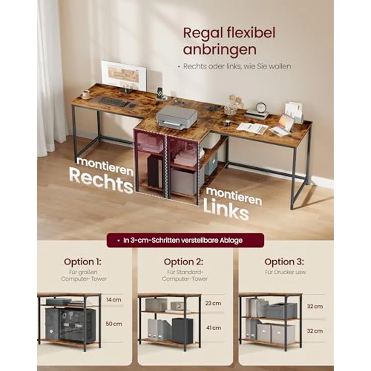 VASAGLE Gaming Schreibtisch in L-Form, Schreibtisch mit Stauraum, höhenverstellbare Regale, für Zuhause, mit Steckdosen und 2 USB-Anschlüssen, 110 x 80 cm, rustikales Braun LWD131KD01 – Bild 6