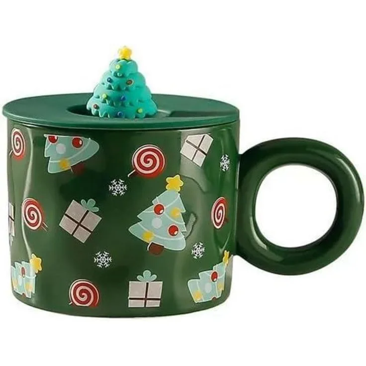 Weihnachtstasse Weihnachtsbecher Kaffeetasse mit Deckel 420ML Porzellanbecher