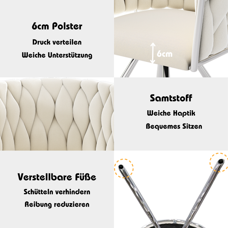 Merax Samt-Esszimmerstuhl, 2er set, Schlafzimmer-Drehstuhl, 360° drehbar Freizeit-Drehstuhl mit vier Stützbeinen aus Metall, beige+Silber – Bild 5