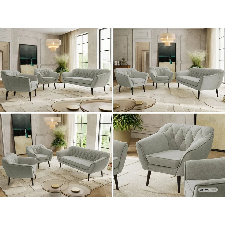 Wohnzimmerset PIRS 1-1-3, Skandinavisches 3-Sitzer Sofa mit Sesseln, Sofa mit Wellenfederung, schwarze Füße, Skandinavisches Möbelset - Hellgrau Stukture – Bild 2