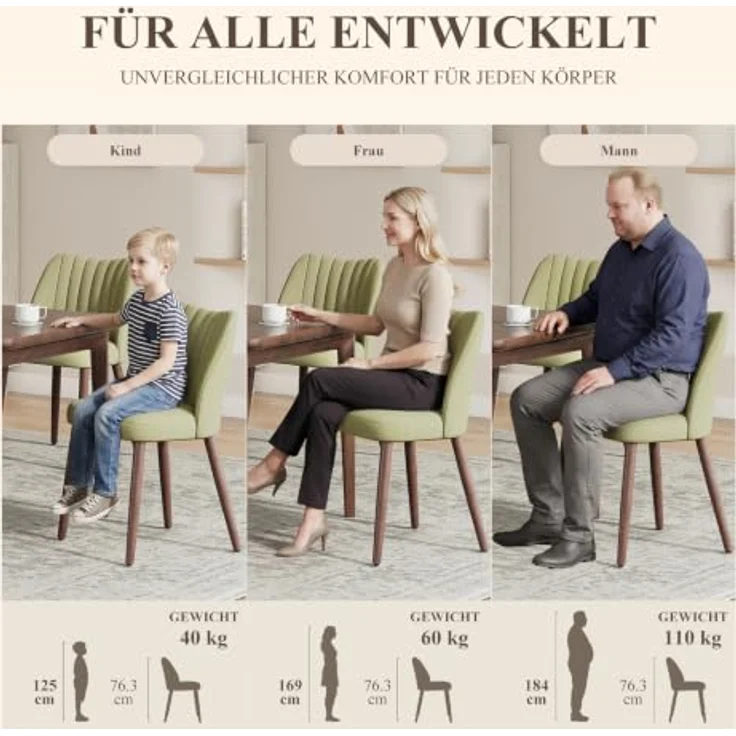 MALOL Esszimmerstühle 2er Set, Polsterstühl mit Rückenlehne, Ergonomisch Gepolsterte Küchenstühle mit vertikaler Rillenlehne, Moderne Esszimmer Stühle für Esstisch Wohnzimmer Café Restaurant, Grün – Bild 8
