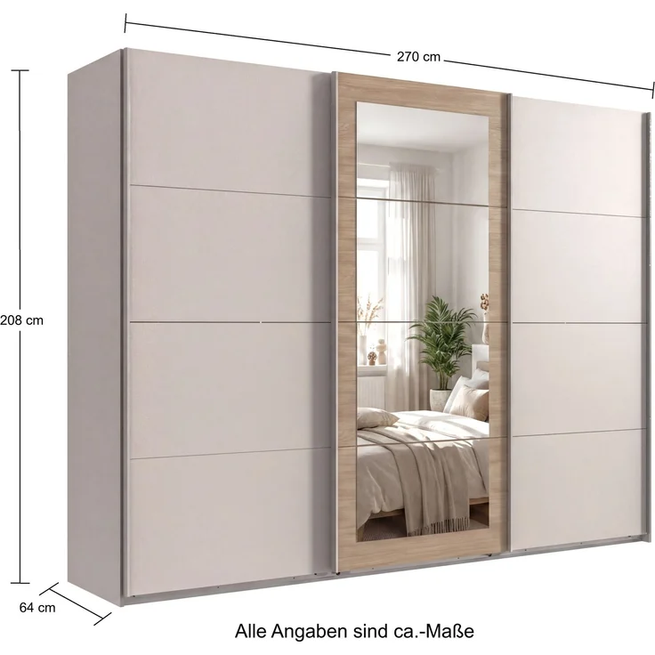 Schwebetürenschrank 3-trg. Kleiderschrank 270 cm Beige Grau, Eiche Natur Spiegel – Bild 7
