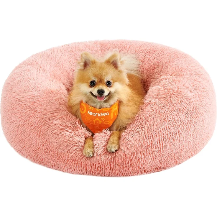 Feandrea Hundebett flauschig, Katzenbett, Donut Kissen, waschbar, Polsterung in der Mitte herausnehmbar, Langer Plüsch, 60 cm Durchmesser, rosa PGW038P01 – Bild 1