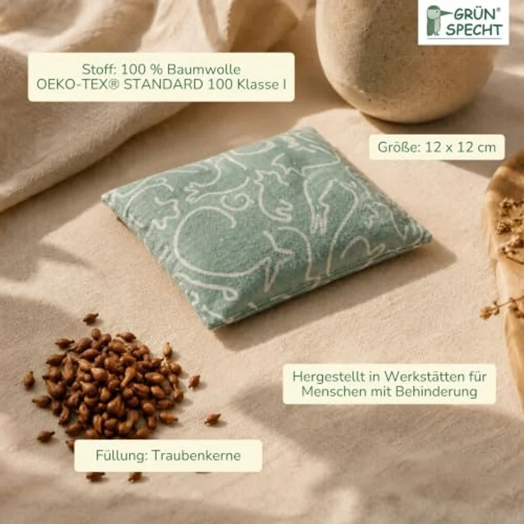 GRÜNSPECHT Traubenkern-Kissen 12 x 12cm, 100% Baumwolle, Tiere | Medizinprodukt: Wärmekissen mit Traubenkernfüllung, Bezug aus 100% Baumwolle, für Mikrowelle & Backofen I Made in Germany – Bild 3