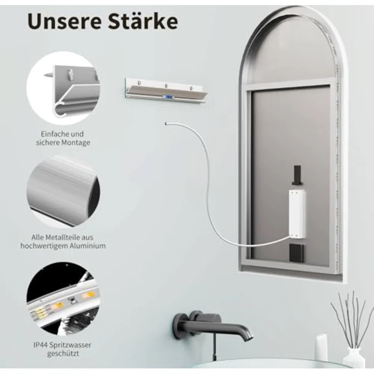 HOKO Badspiegel mit Beleuchtung, LED Wandspiegel 50x90 cm / 60x100 cm, IP44, Schwarz/Gold/Weiß, dimmbar mit Touch-Sensor und Memory-Funktion, hoch- und quer montierbar – Bild 5