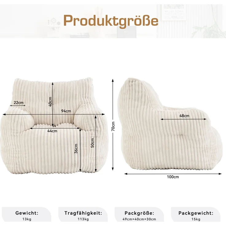 DESVIAE Sitzsack gepolstert 94x70x100 cm aus Cord, Beige, mit Memory-Schaumstoff-Füllung – Bild 10