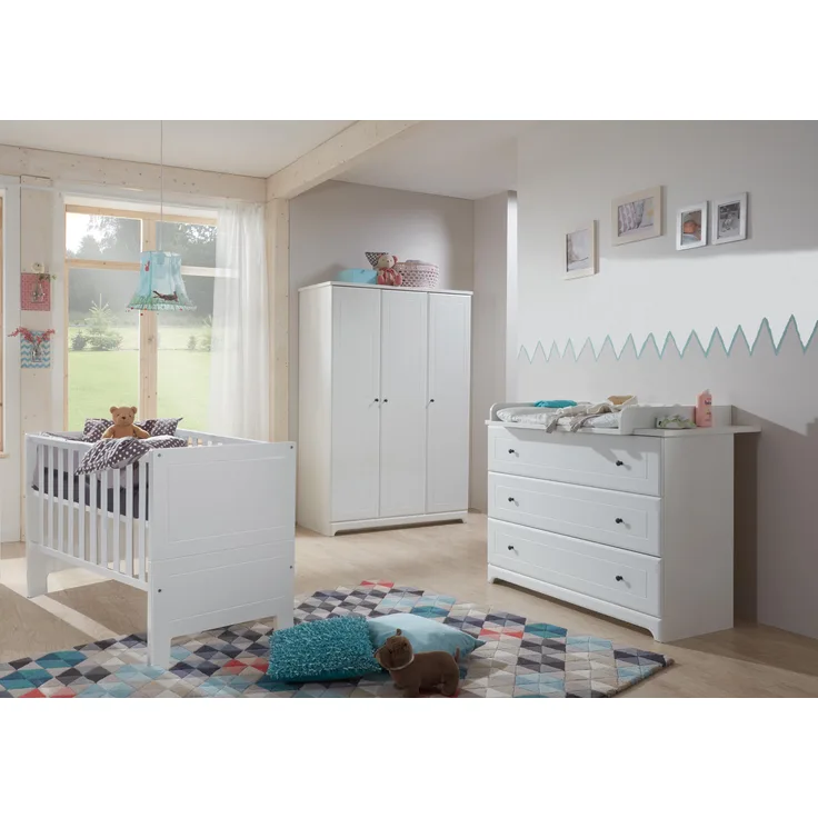 Arthur Berndt 'Thilo' Babyzimmer Komplettset 3-teilig, Kinderbett (70x140 cm), Wickelkommode mit Wickelaufsatz und Kleiderschrank MDF Weiß