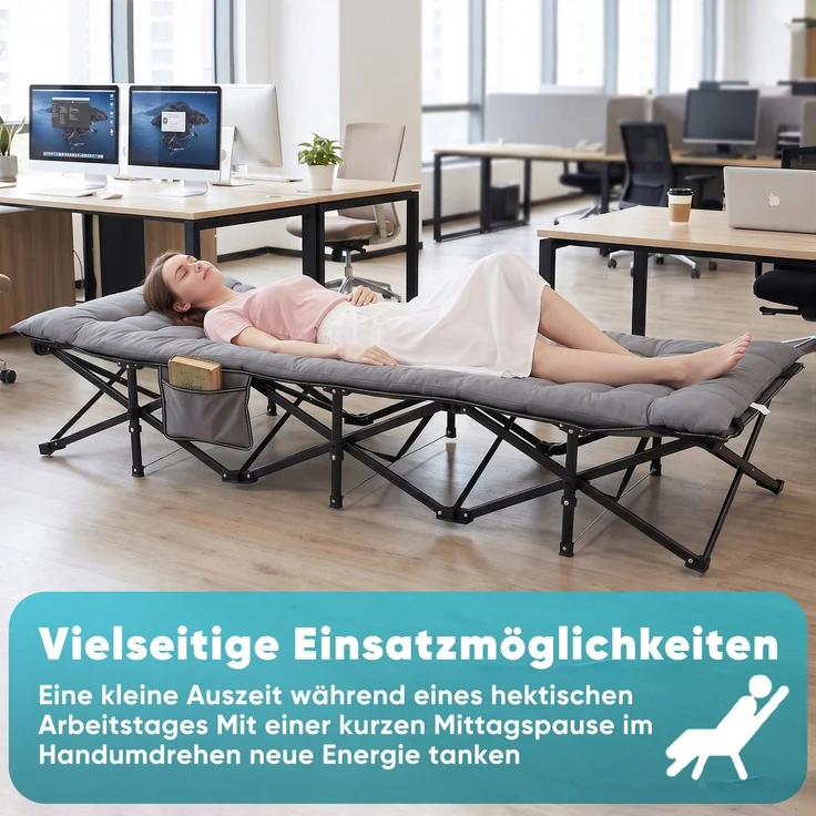 Sekey Campingbett bis 250kg, Feldbett mit abnehmbare Perlschaum-Matratze, Klappbett mit Seitentasche & 14 Stützpunkten 190cm – Bild 6