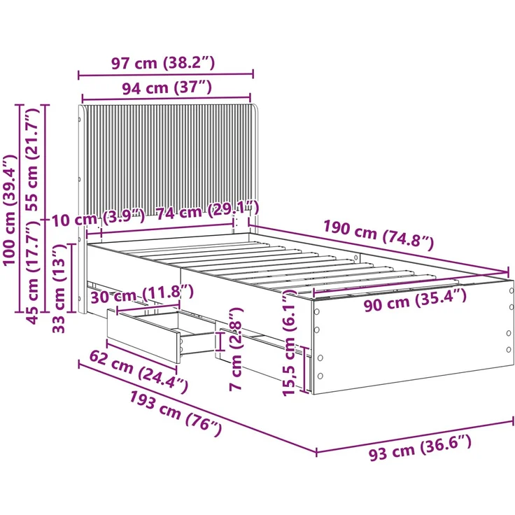 vidaXL Bettgestell mit Stauraum und Kopfteil Räuchereiche 90 x 190 cm 3413987 – Bild 12