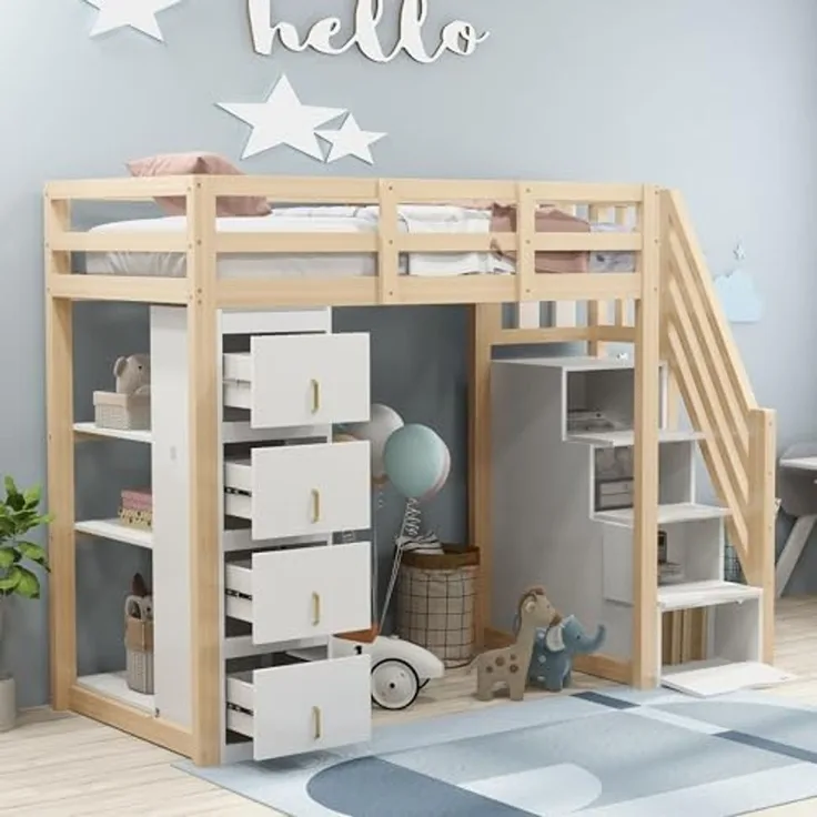 Ball & Cast Hochbett 90*200cm mit Aufbewahrungsschublade Kommode mit Regalen, Sicherheits-Kletterleiter mit Aufbewahrungsschubladen, Multifunktionales Massivholzbett, Kinderbett Jugendbett, Holzfarbe