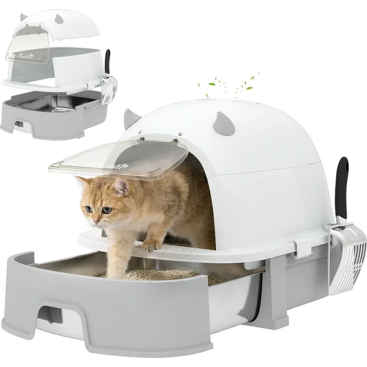 PawHut Katzentoilette, Edelstahl, Kunststoff, Grau, 52L x 42B x 39H cm