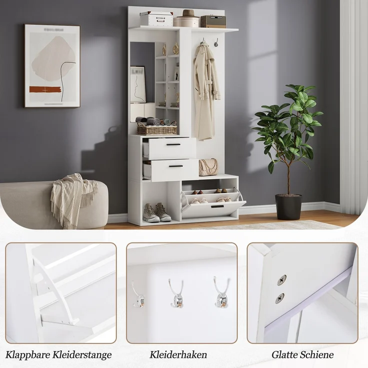 Garderobenständer, Kleiderständer, Schuhbank, Garderobe, 2 Schubladen,3 Haken für Jacken, Hüte, Ein Glasspiegel, daneben drei Regalböden, Flur, Schlafzimmer, Wohnzimmer, 90x30x180cm,weiß – Bild 7