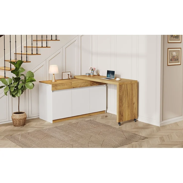 ZUBALIYA Schreibtisch mit feststellbaren Rollen – multifunktionales Design, 4 cm dickere, drehbare Tischplatte, fest arretierbar, weiß/Eiche, Faltbarer Schreibtisch, Eckschreibtisch, Sideboard,Dicke Materialie,Weiß Eiche – Bild 15