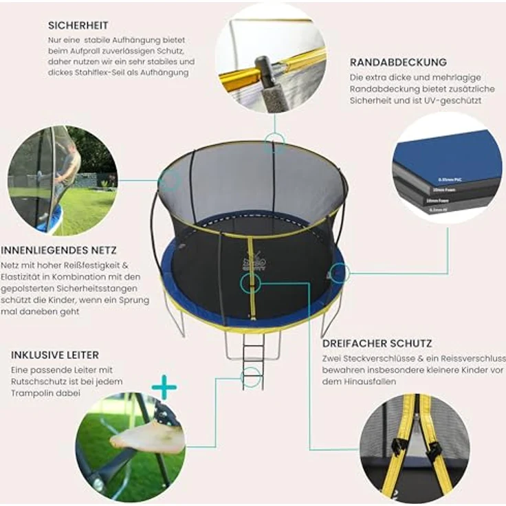 Ultima 4 Zero Gravity Trampolin Ø 366 cm, TÜV geprüftes Gartentrampolin inkl. Leiter und Sicherheitsnetz, Nutzer bis 150 kg – Bild 4