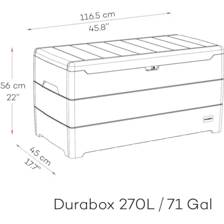 Duramax Cedargrain Durabox 270 Liter/ 71 Gallonen Kissenbox aus Kunststoff, Auflagenboxen aus Kunststoff mit Griffen, Organizer für Gartenmöbel, abschließbarer Deckel, Patio-Box, Dunkelgrau – Bild 11