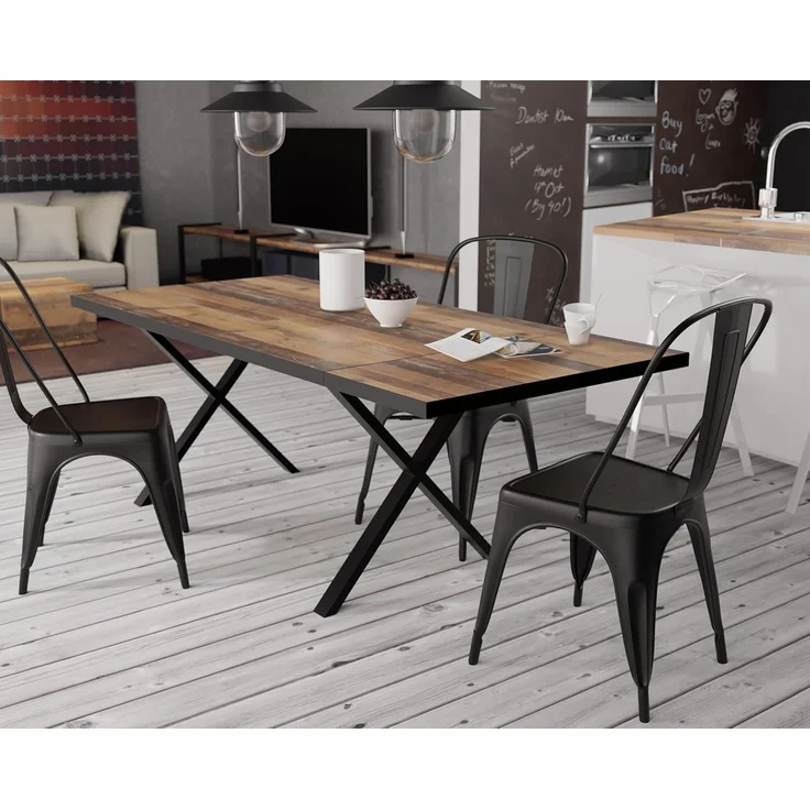 Forte GRIGOR Tisch 160, Großer Esstisch mit Metallbeinen und Verlängerungsplatte, Holzwerkstoff, Old-Wood Vintage Holzdekor/Schwarz matt, 160 cm breit x 75,8 cm hoch x 90 cm tief – Bild 2