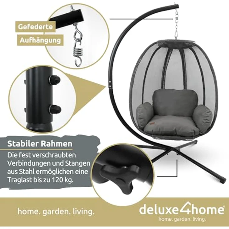 deluxe4home Hängesessel Hängekorb mit Gestell I Terrassenschaukel Hängeschaukel, inkl. Polster und Kuscheldecke – Bild 3