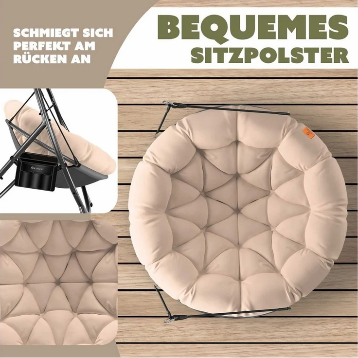 KESSER® Hängesessel mit Gestell BALI Hängeschaukel Hängestuhl bis 150kg für Indoor und Outdoor + Kissen & Seitentasche Hängekorb Stahlgestell & Schaumstoff Sitzpolster ideal für Wohnzimmer & Garten Beige – Bild 2