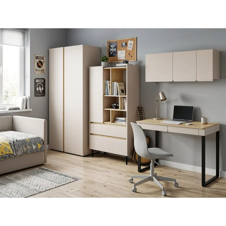 Beautysofa Jugendzimmer-Set LICO im modernen Stil, (Kinderzimmer Möbel grifflos, Set 4-teilig Kleiderschrank Bücherregal Schreibtisch Hängeregal), moderne Farben Sandbeige oder Eukalyptus – Bild 1